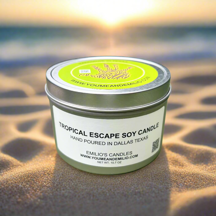 Tropical Escape Soy Candle in sleek glass jar with vibrant tropical fragrance blend of pineapple, mango, goji berry, and soft driftwood, ideal for coastal and summer-themed spaces.