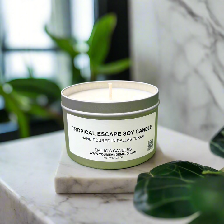Tropical Escape Soy Candle in sleek glass jar with vibrant tropical fragrance blend of pineapple, mango, goji berry, and soft driftwood, ideal for coastal and summer-themed spaces.