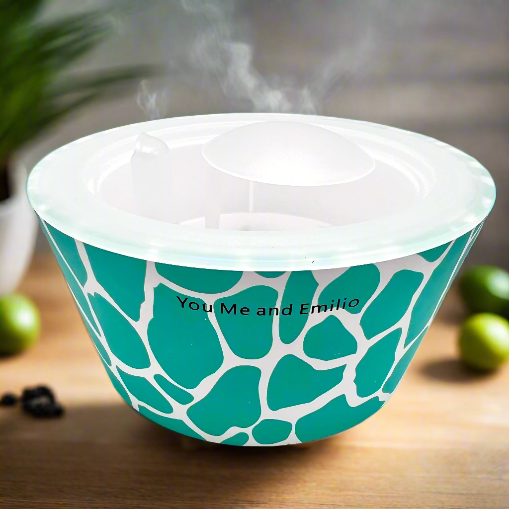 Teal and white patterned bowl with 'You Me and Emilio' text on a white background