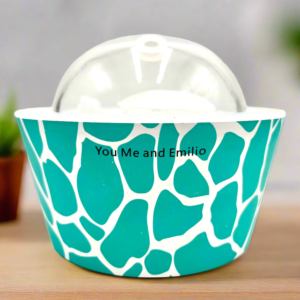 Teal and white patterned bowl with 'You Me and Emilio' branding on a light gray background