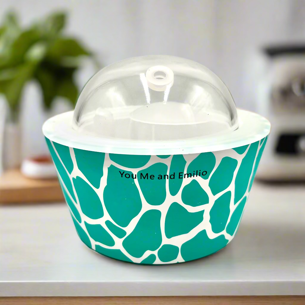 Teal and white patterned container with clear lid on a light gray background