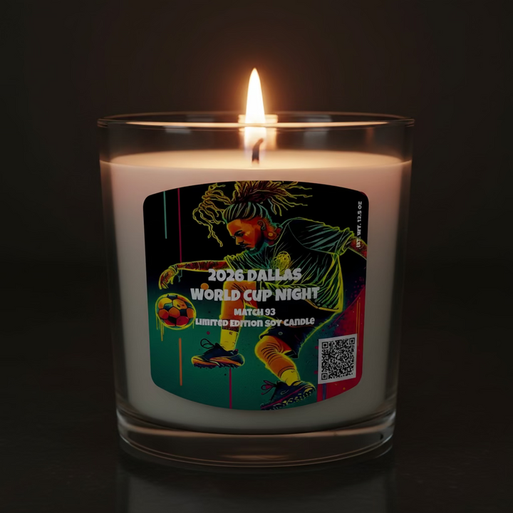 Scented candle with a colorful label featuring a soccer player and '2026 Dallas World Cup Night' text.