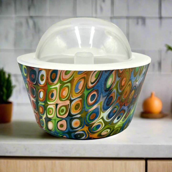 Colorful patterned bowl with a clear dome lid on a white background