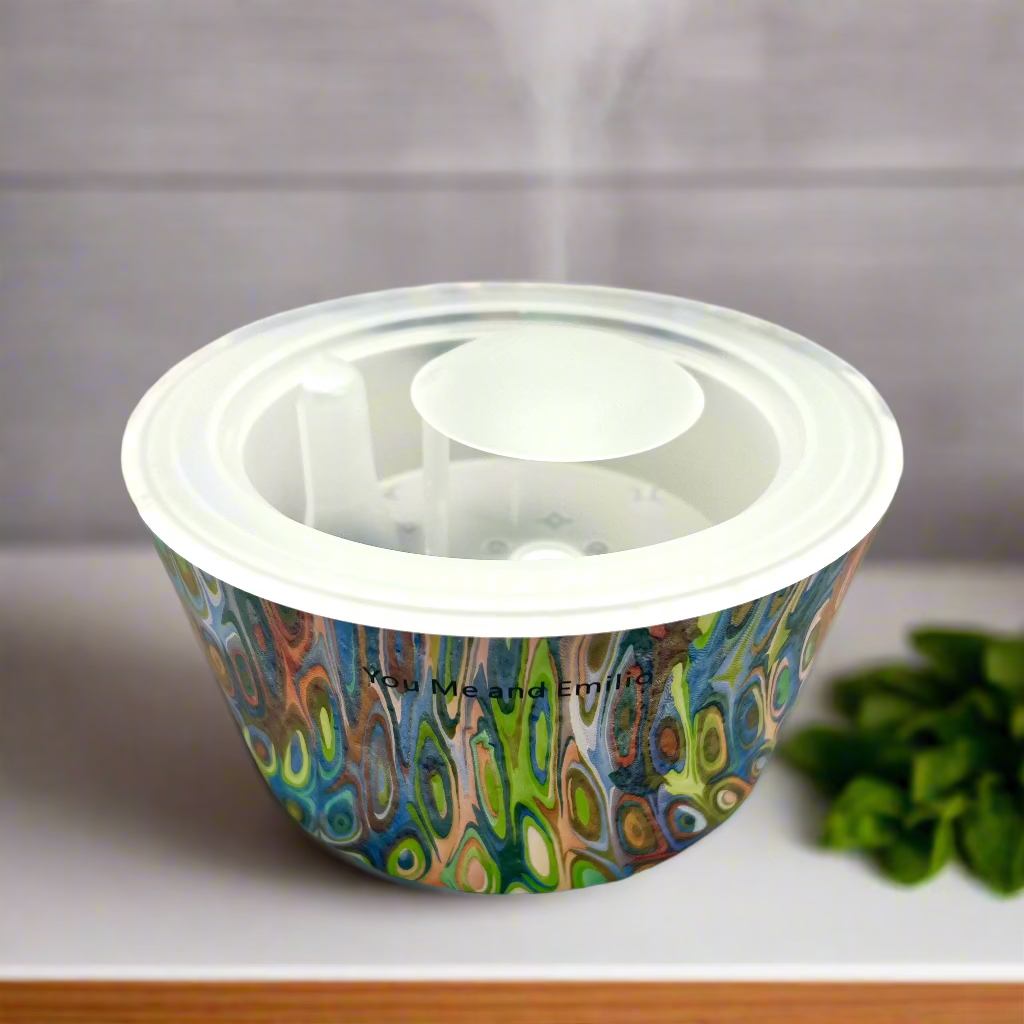 Colorful pet food bowl with a pattern on a white background