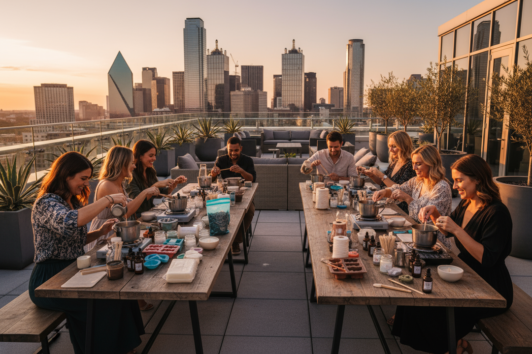 a group of 14 friends making candle in a high-rise in Dallas Texas, overlooking downtown. Make it a rooftop. 