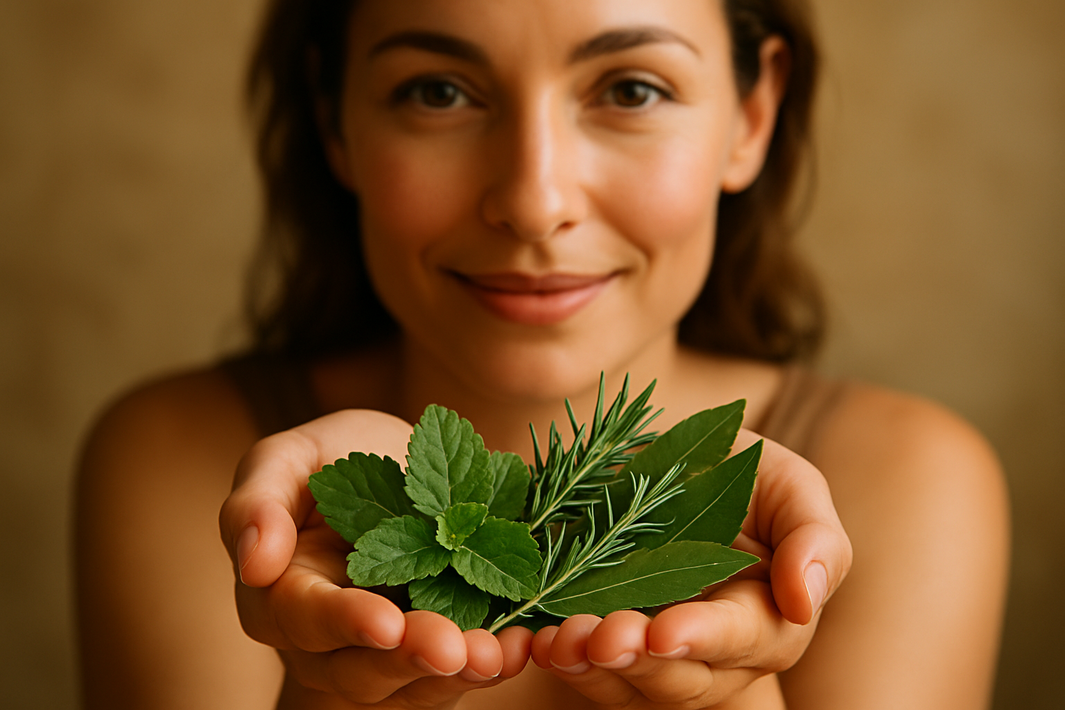 add a woman holding the herbs on her hands 