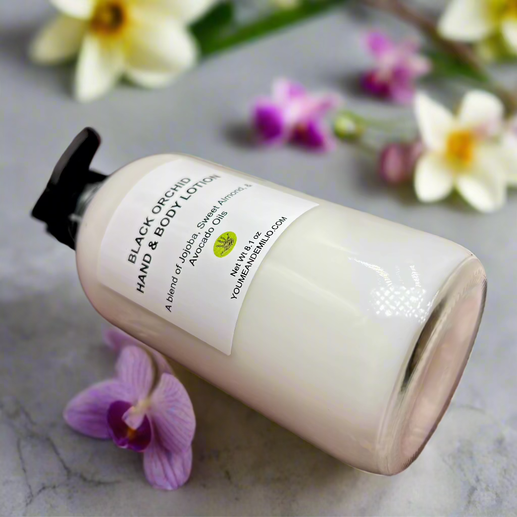 Orchid Hand & Body Lotion showcasing its nourishing formula with Jojoba, Sweet Almond, and Avocado oils, perfect for soft, hydrated skin.