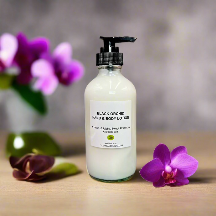 Orchid Hand & Body Lotion, handcrafted in Dallas, Texas, featuring captivating floral and citrus notes for an indulgent skincare treat.