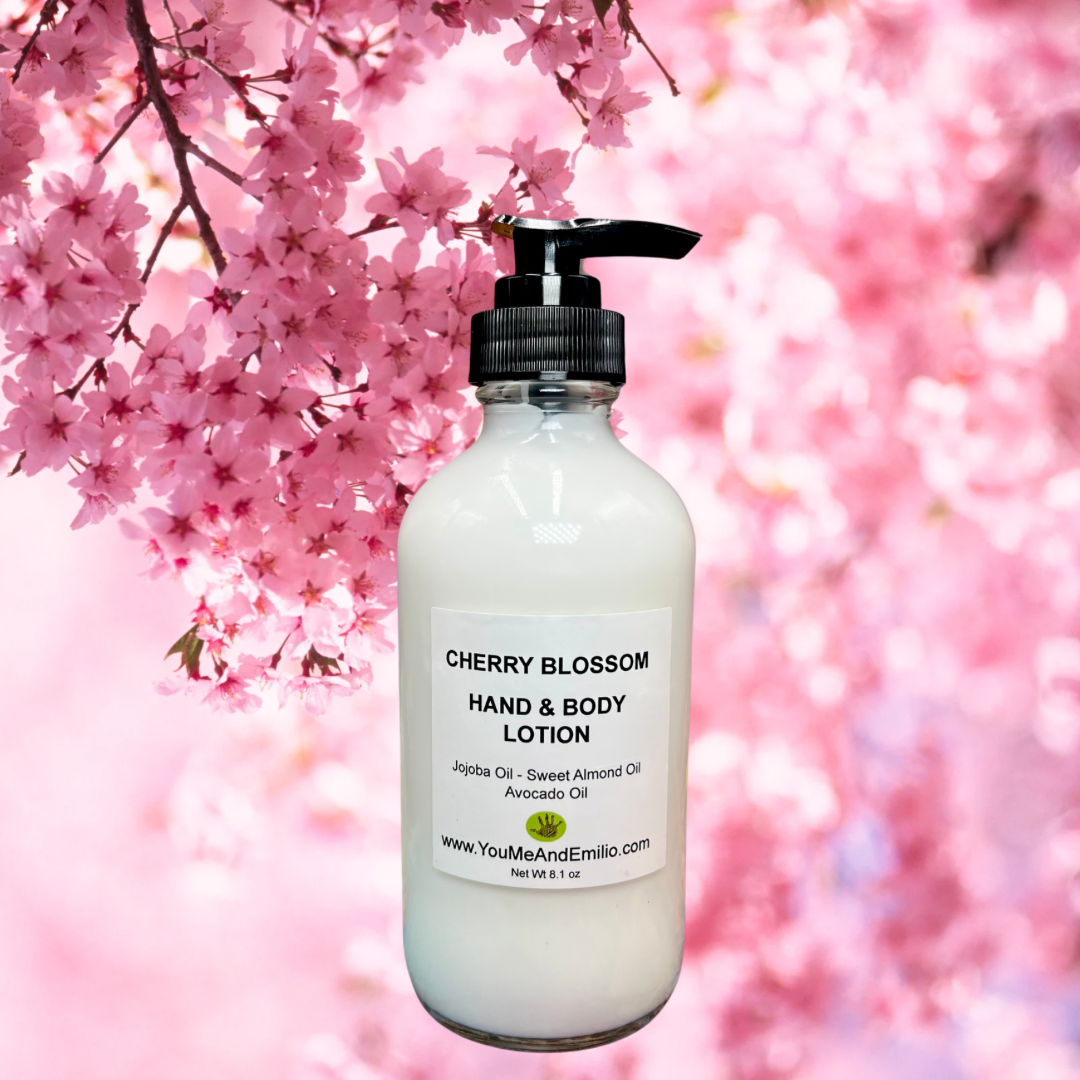 Cherry Blossom Hand & Body Lotion in a serene setting with soft petals and a hint of cherry blossoms, reflecting its soothing and hydrating benefits.