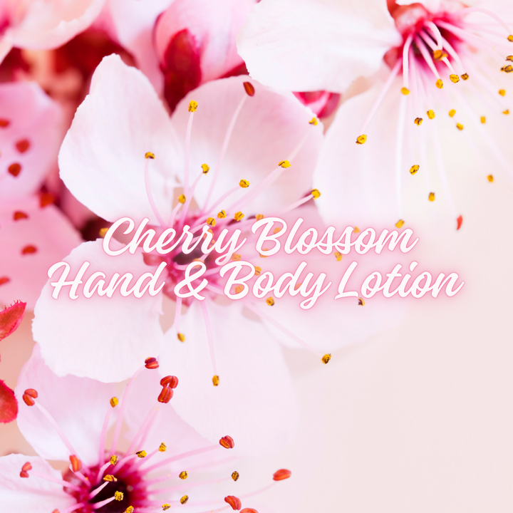 Handmade Cherry Blossom Hand & Body Lotion displayed on a vanity, showcasing its elegant, moisturizing formula and natural Vitamin E.