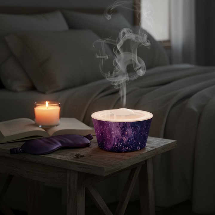 Decorative pot with a purple and blue gradient design on a wooden surface outdoors.