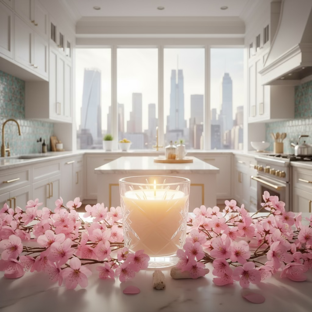 Candle in a clear glass container on a white background