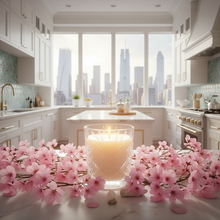 Candle in a clear glass container on a white background