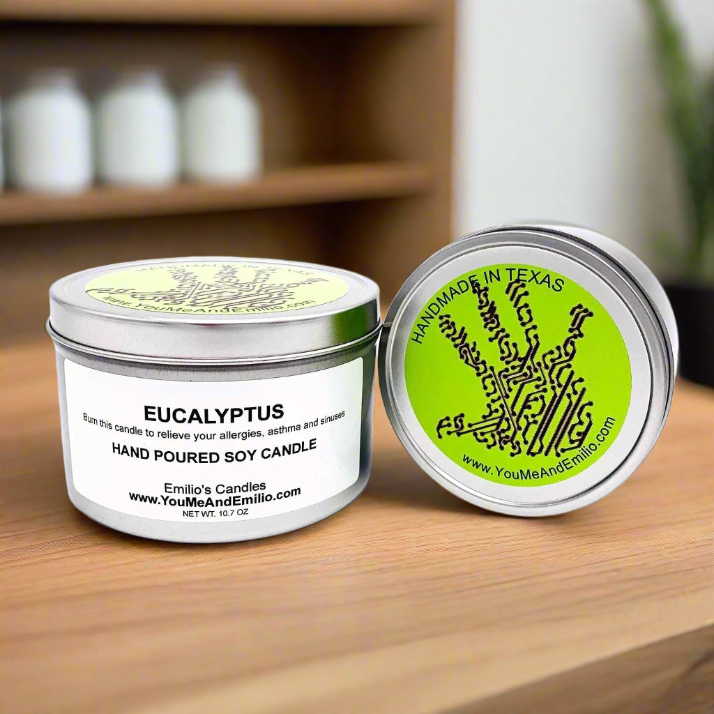 Eucalyptus Soy Candle – A refreshing, clean-burning candle crafted to promote relaxation and clarity, handmade with pure soy wax in Dallas, Texas.