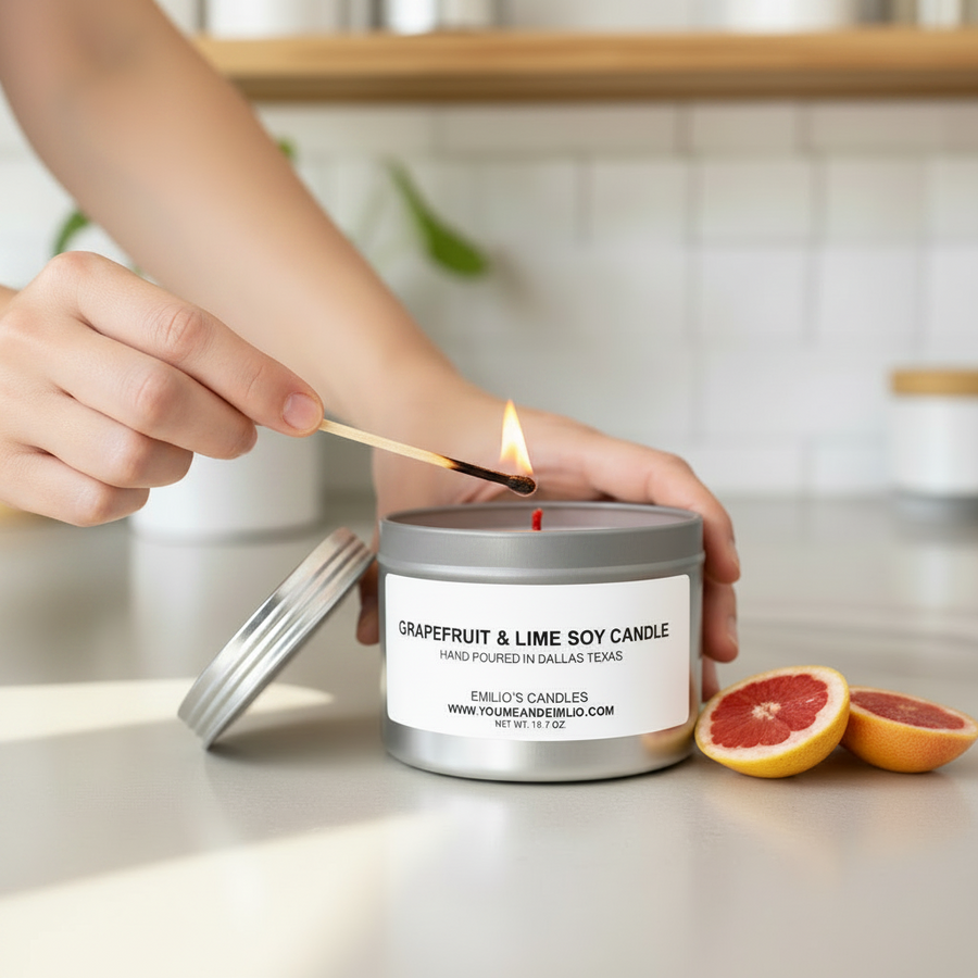 You Me & Emilio grapefruit and lime soy candle with a white jar and colorful label, showcasing the fresh citrus scent.