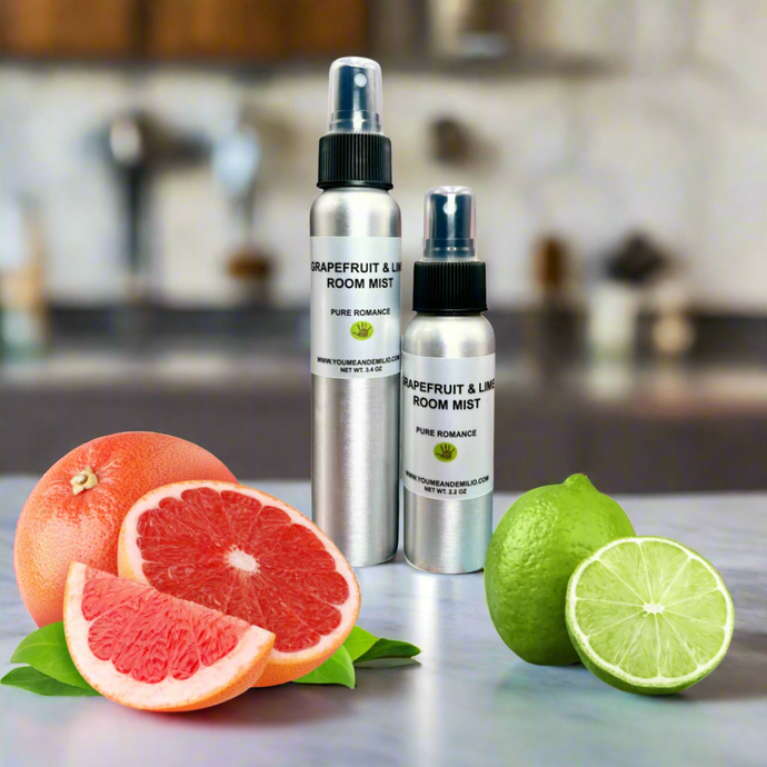 A sleek bottle of Grapefruit & Lime Room Mist, featuring vibrant citrus imagery, promises an invigorating, focus-enhancing fragrance.
