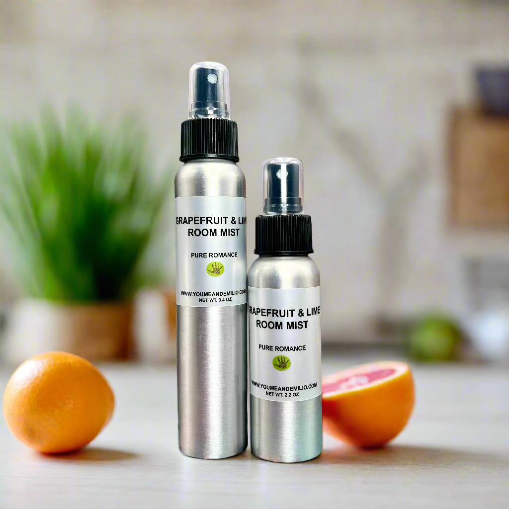 Handcrafted Grapefruit & Lime Room Mist bottle placed elegantly on a table, symbolizing luxury and sophistication.
