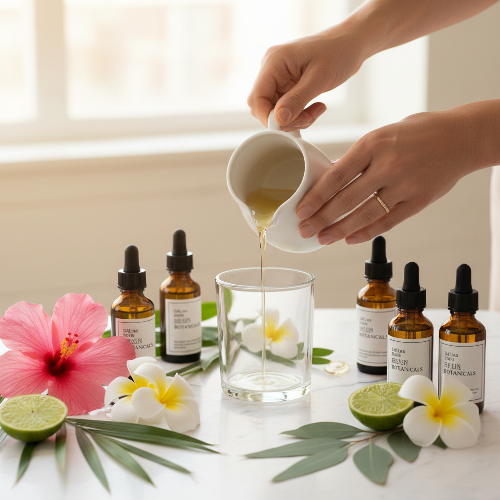 Close-up of hands pouring soy wax into a glass candle jar with fragrance oils and tropical flowers — luxury candle making experience in Dallas by YOU ME & EMILIO