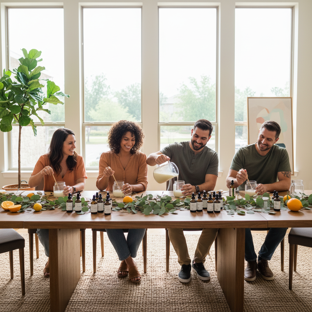 Group of adults pouring soy candles at an indoor candle making workshop in Dallas — The Art of Candle Making by YOU ME & EMILIO