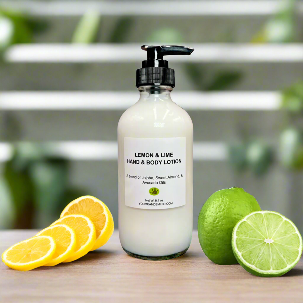 lemon & lime Hand & Body Lotion made with avocado, jojoba, and almond oil. 