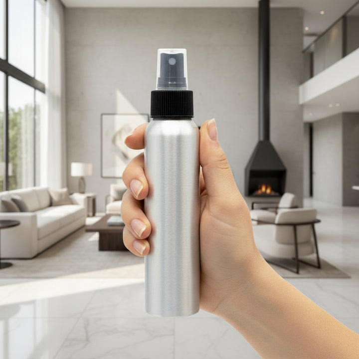 Clear spray bottle with black nozzle on a white background