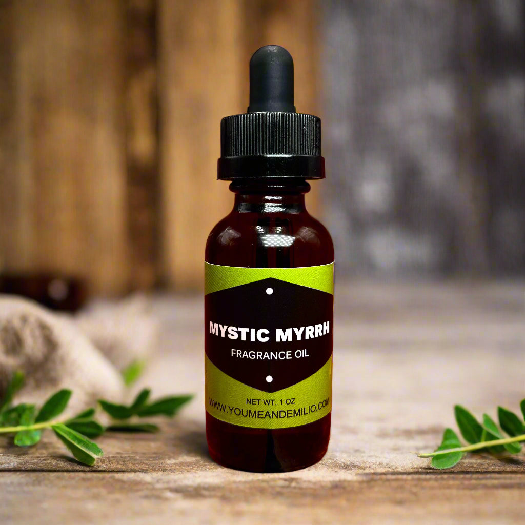 A sleek amber glass bottle of Mystic Myrrh Fragrance Oil with a black dropper cap, exuding an aura of mysticism and deep, earthy notes.
