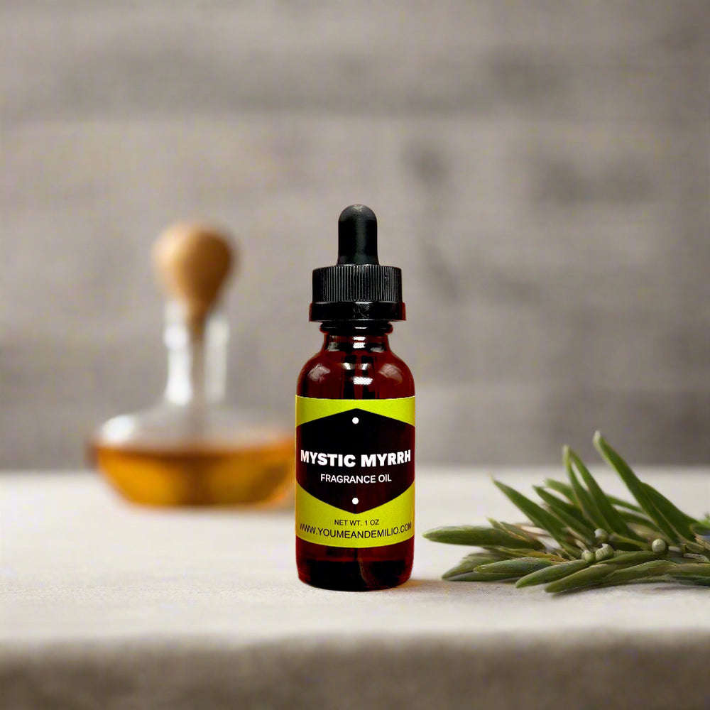 Mystic Myrrh Fragrance Oil in a refined amber bottle, elegantly displayed against a soft, neutral background, capturing the essence of its rich, aromatic scent.