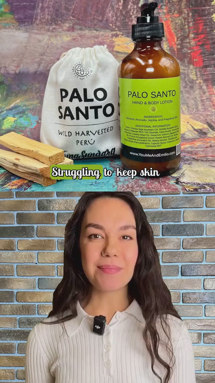 A sleek bottle of palo santo hand and body lotion, exuding rich, woodsy notes of palo santo for a sophisticated aroma