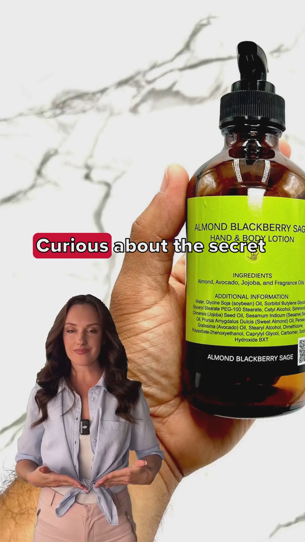 Person using Almond Blackberry Sage Lotion, showing smooth, nourished hands after application.