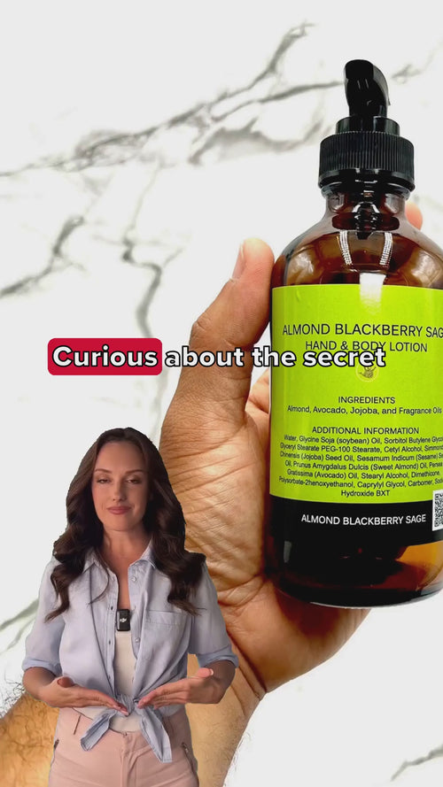 Person using Almond Blackberry Sage Lotion, showing smooth, nourished hands after application.
