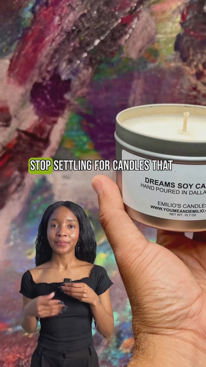 The Dreams Soy Candle from You Me and Emilio is a best-selling, hand-poured candle crafted in small batches in Dallas, Texas. It features a luxurious fragrance blend designed to create a calming sanctuary in any room.