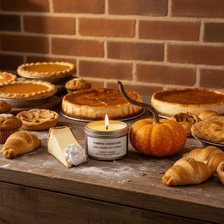 You Me & Emilio pumpkin cheesecake soy candle, dessert-inspired luxury candle with warm pumpkin and cheesecake scent, hand-poured in Dallas.
