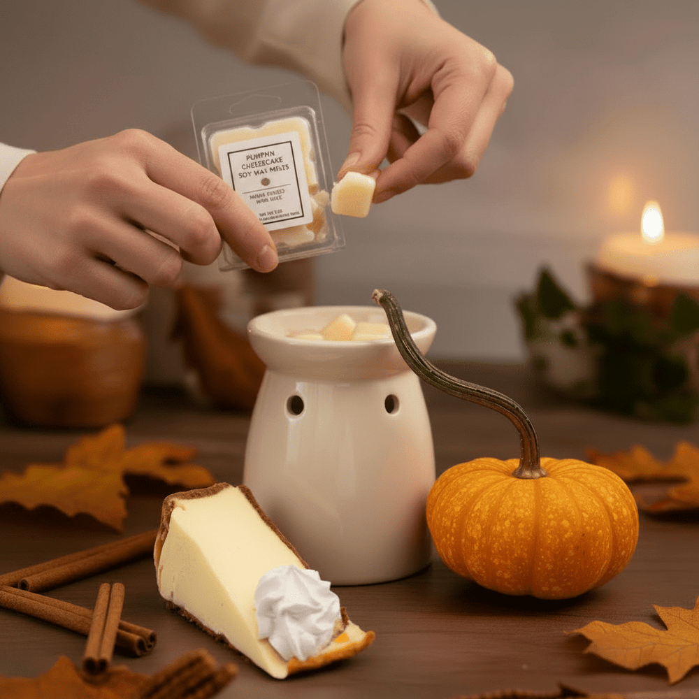 Pumpkin Cheesecake Soy Wax Melts from You Me & Emilio, showcasing orange and cream-colored wax pieces with a sweet scent.