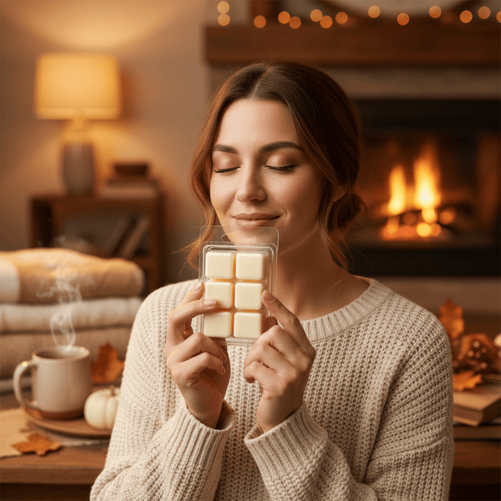 Pumpkin Cheesecake Soy Wax Melts from You Me & Emilio, showcasing orange pumpkin-shaped wax melts with a creamy cheesecake scent.