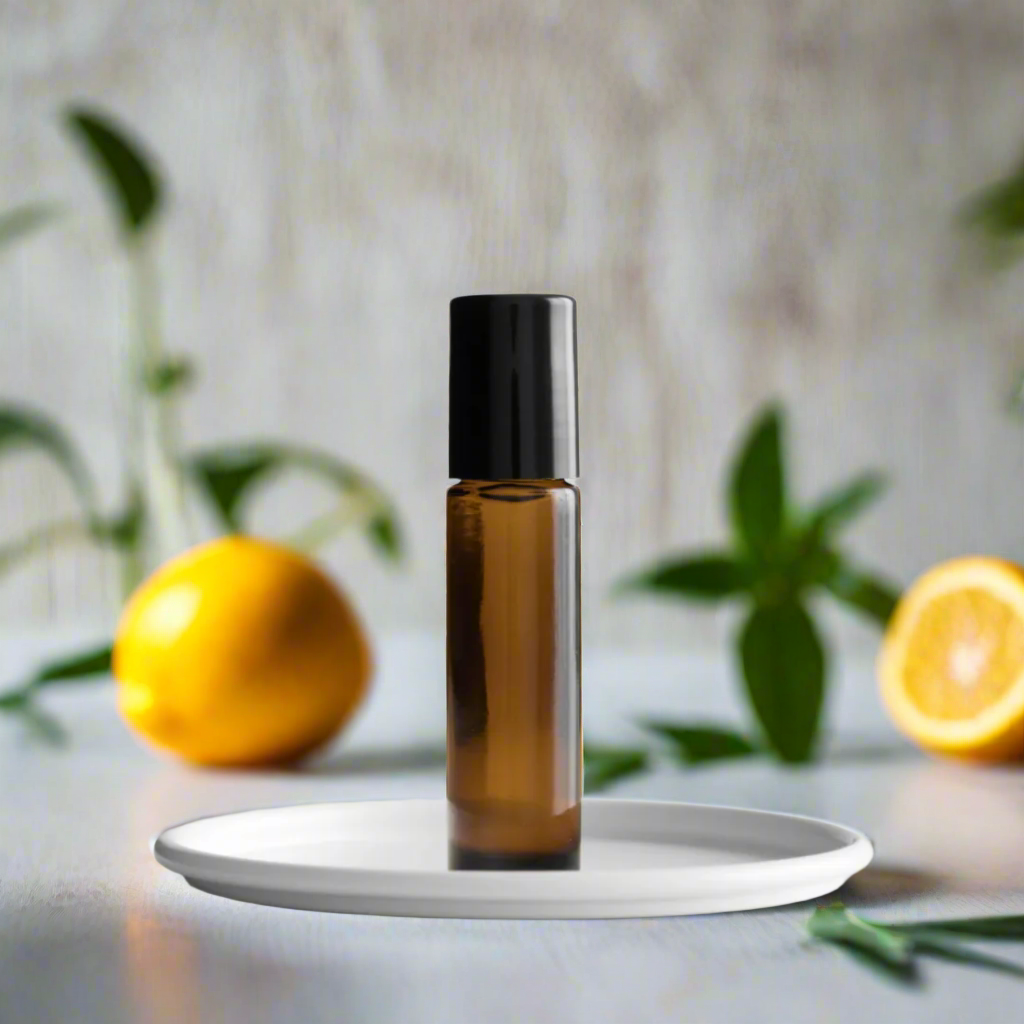 Sage & Citrus Scented Roll-On by You Me & Emilio in amber glass bottle, featuring fresh citrus and herbal sage fragrance oil for aromatherapy and self-care.