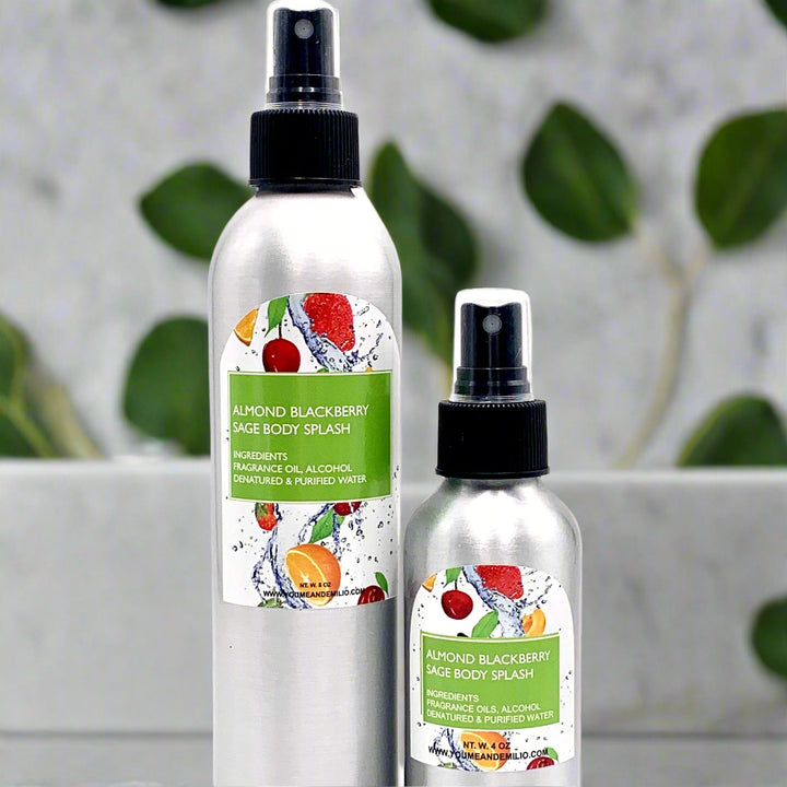 Almond Blackberry Sage Body Splash bottle with a luxurious mist spray, showcasing the premium fragrance blend of almond, blackberry, and sage.