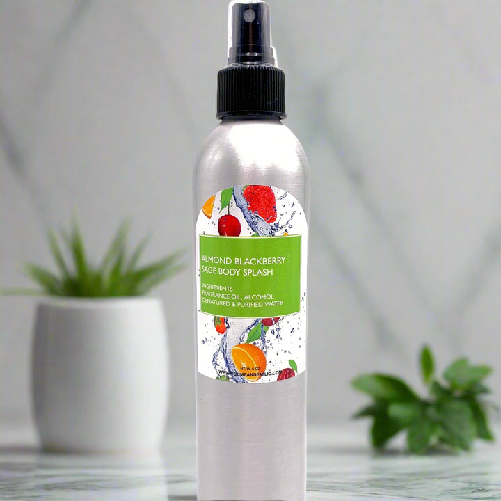 Almond Blackberry Sage Body Splash bottle with a clear label, placed against a soft background to emphasize its luxurious packaging.