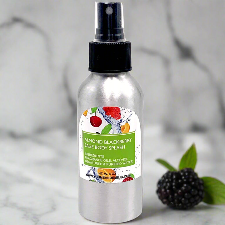 Almond Blackberry Sage Body Splash bottle with a clear label, placed against a soft background to emphasize its luxurious packaging.