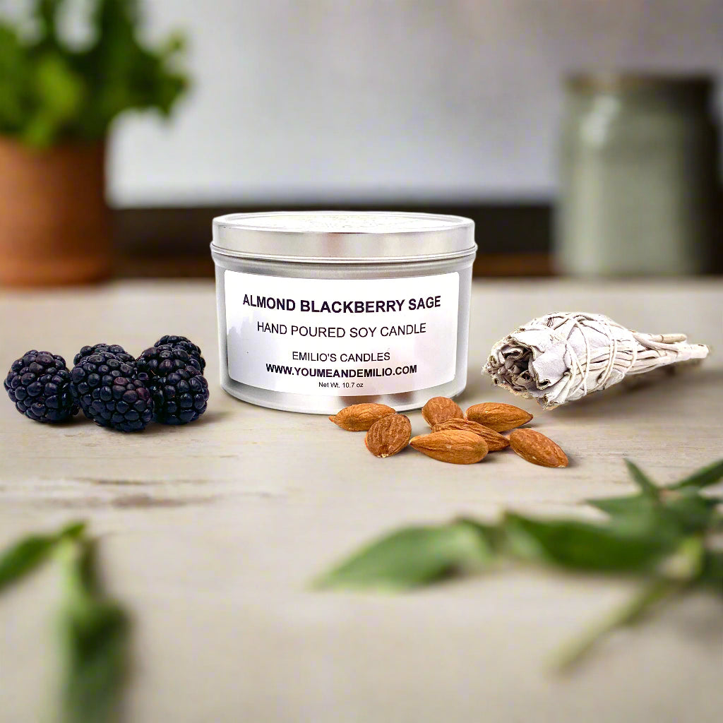 Luxury Almond Blackberry Sage Soy Candle with nutty almond, sweet blackberry, and earthy sage aroma.
