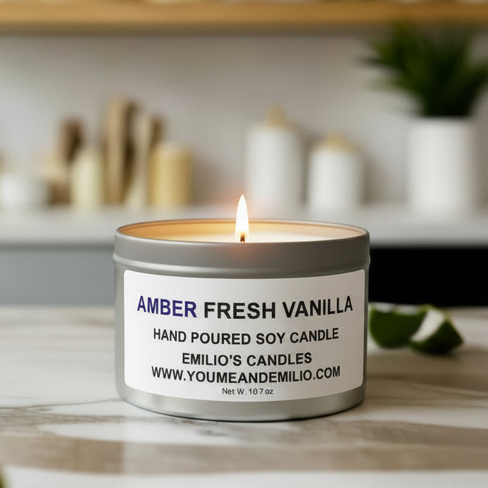 Sustainable Amber Fresh Vanilla Soy Candle emitting a cozy vanilla and amber aroma.