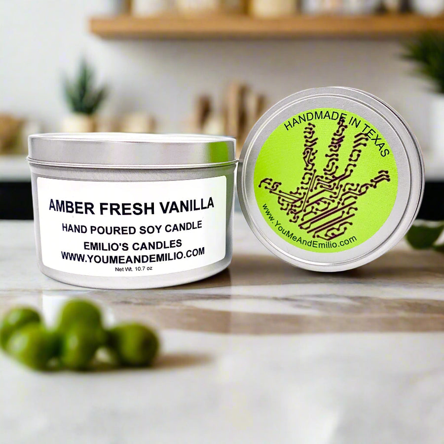 Sustainable Amber Fresh Vanilla Soy Candle emitting a cozy vanilla and amber aroma.