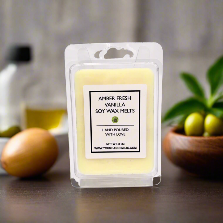 Amber Fresh Vanilla Wax Melts – Artisan soy wax melts combining the soft warmth of amber with the sweet elegance of fresh vanilla.