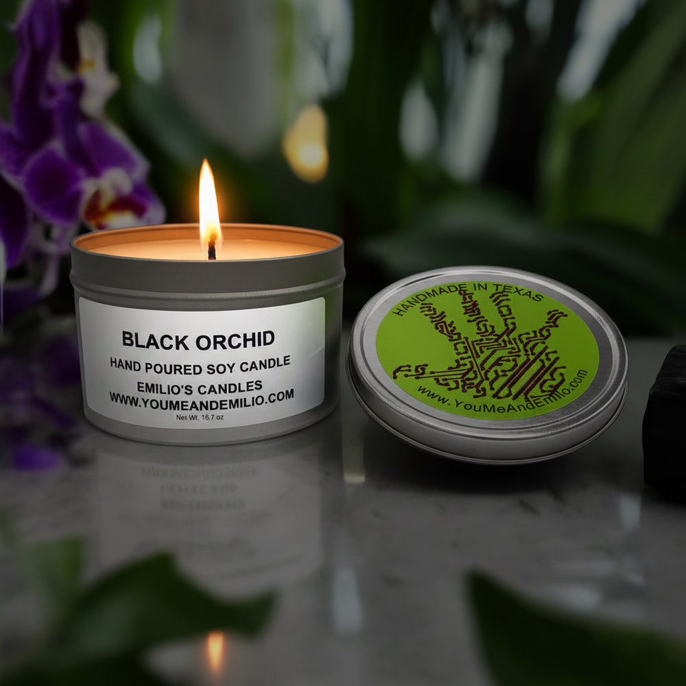 Black Orchid Soy Candle – A luxurious, sultry blend of exotic black orchid and dark florals, hand-poured for a sophisticated ambiance.