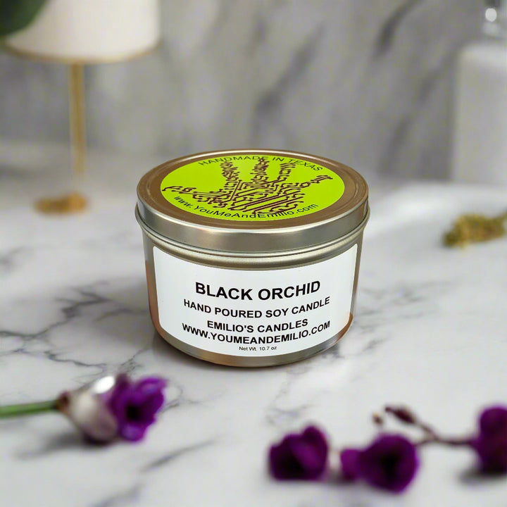 Premium Black Orchid Soy Candle – Elegant, artisanal candle offering long-lasting aroma, available through YOU ME & EMILIO’s Subscription Plan.