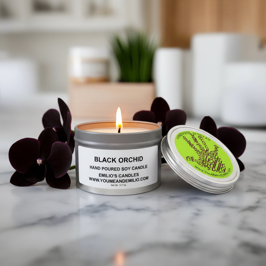 Black Orchid Soy Candle – A romantic and bold home fragrance choice, featuring rich floral and musk undertones with a clean soy wax burn.