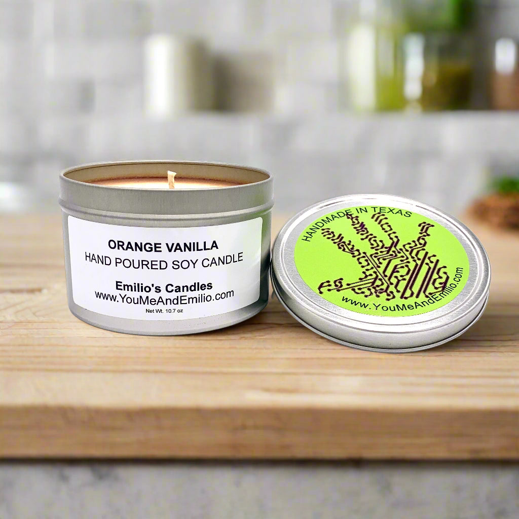 Luxury Orange Vanilla Soy Candle – Enjoy toxin-free, long-lasting fragrance with notes of juicy orange and rich vanilla, made in Dallas, Texas.