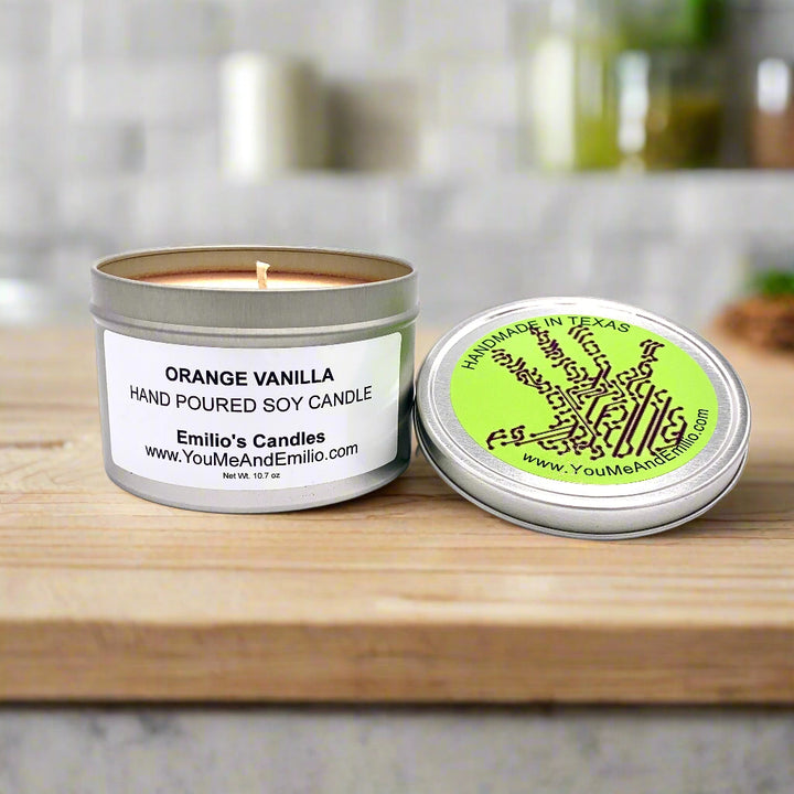Luxury Orange Vanilla Soy Candle – Enjoy toxin-free, long-lasting fragrance with notes of juicy orange and rich vanilla, made in Dallas, Texas.