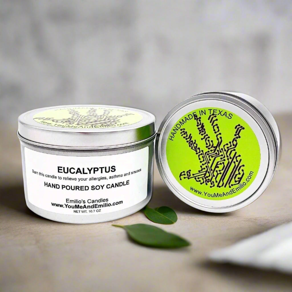 Eucalyptus Soy Candle – A refreshing, clean-burning candle crafted to promote relaxation and clarity, handmade with pure soy wax in Dallas, Texas.