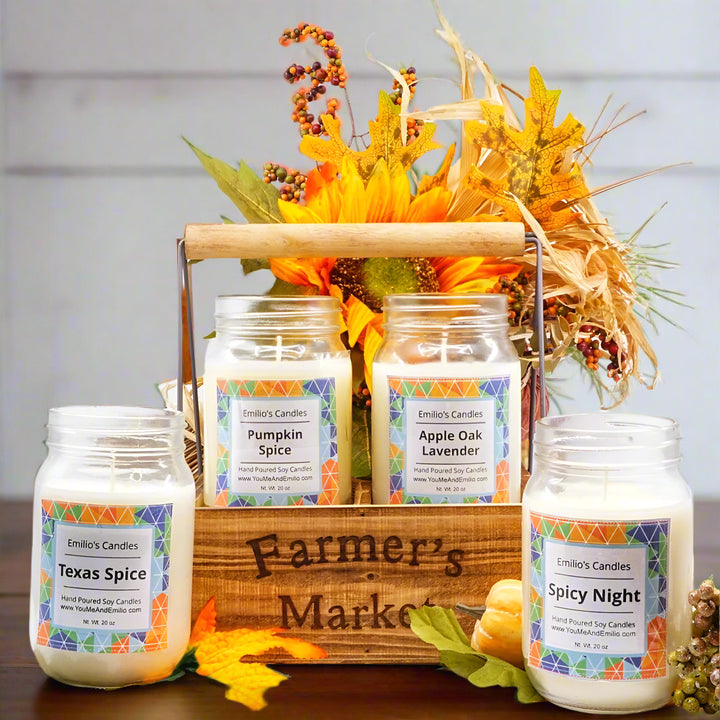 Farmer's Market Soy Candle Mason Jars Wooden Crate | Limited Edition

Presenting to you our exclusive and exquisite collection of Farmer's Market Soy Candle Mason Jars, elegantly nestled within a charming wooden crate. Prepare to immerse yourself in the enchanting ambience of fall with our captivating range of scents, meticulously curated for your sensory pleasure:

1. Texas Spice - Awaken your senses with the warm embrace of Texas-inspired spices.
2. Pumpkin Spice - Embrace the cozy nostalgia of autumn 