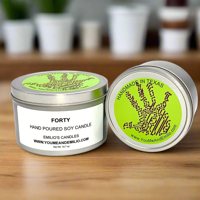 Hand-poured Forty Soy Candle with rich musky and floral scent.
